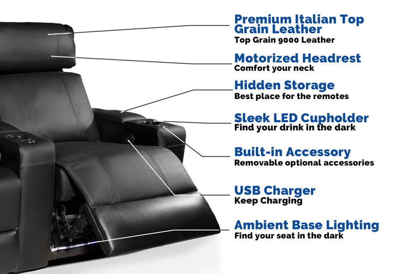 Valencia Piacenza Leather Home Theater Seating Power Headrest Row of 2, Black