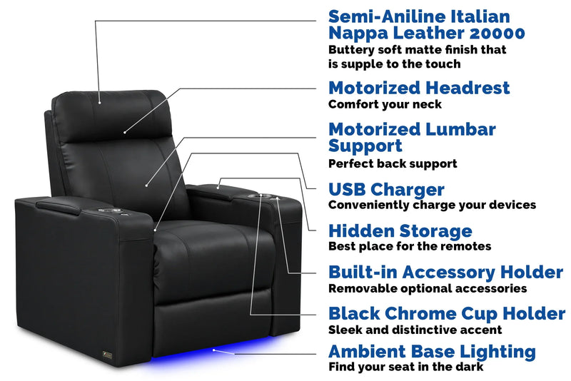 Valencia Piacenza Luxury Leather Home Theater Seating Row of 4 Loveseat Center, Onyx
