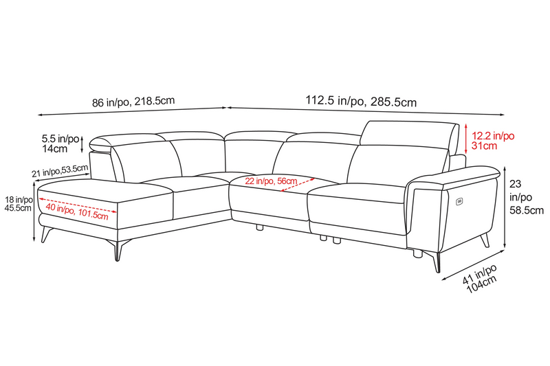 Valencia Pista Modern Top Grain Leather Reclining Sectional Sofa with Left-Hand Facing Chaise, Grey