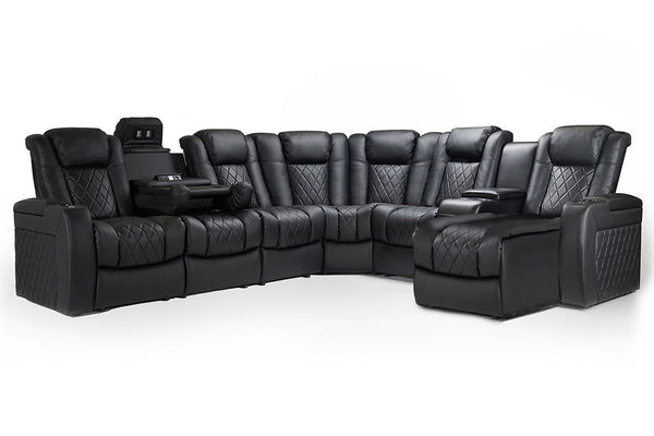 Valencia Tuscany Multimedia Sectional Leather Home Theater Seating Powered Chaise Right & Dropdown Center Left, Black