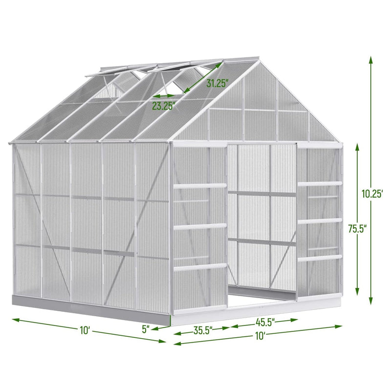 [10x10FT] Premium Outdoor Aluminum Walk-In Greenhouse With Polycarbonate Panels & Sliding Doors (94638275)