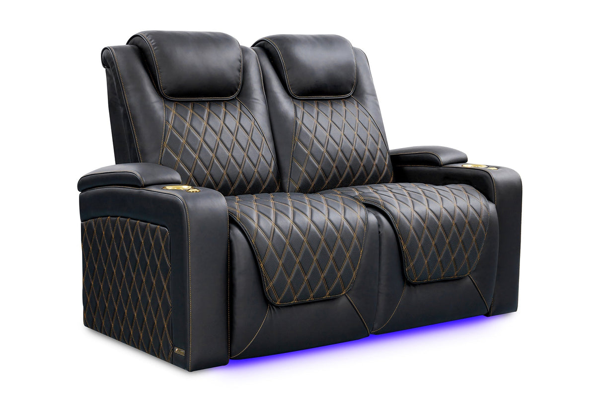 Valencia 2025 New Oslo Ultimate Luxury Leather Home Theater Seating Row of 2 Loveseat, Onyx with Gold Stitching