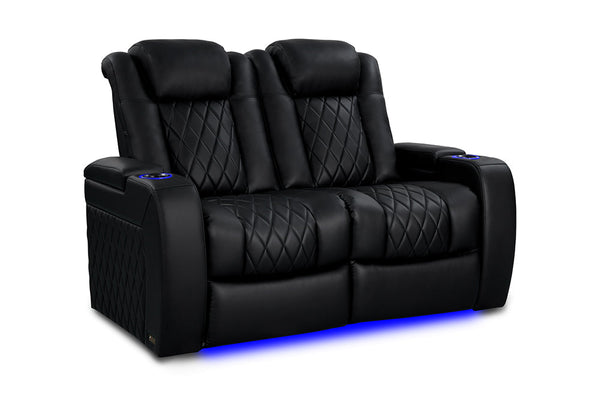 Valencia 2025 New Tuscany Heat & Massage Leather Home Theater Seating Row of 2 Loveseat, Midnight Black