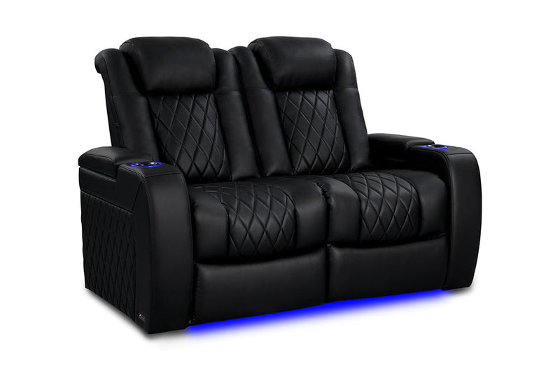 Valencia 2025 New Tuscany Heat & Massage Leather Home Theater Seating Row of 2 Loveseat, Midnight Black