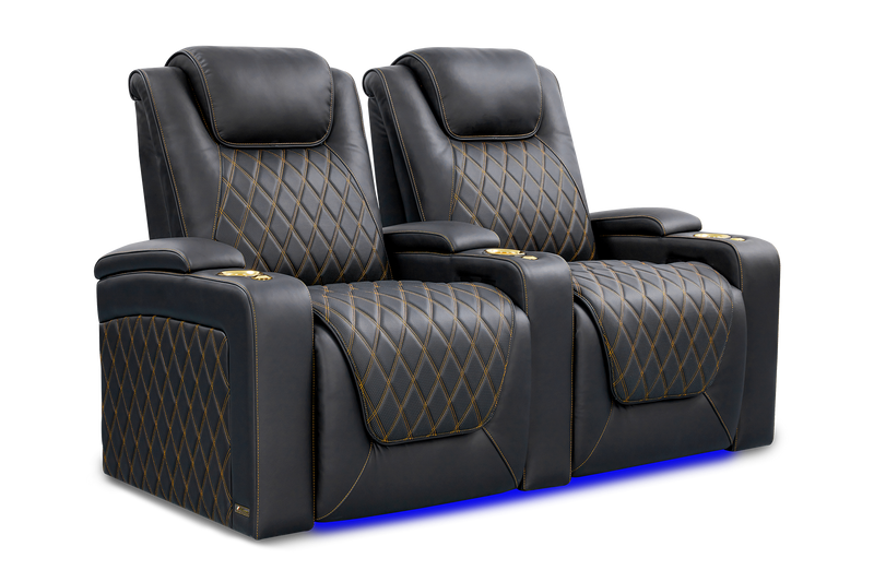 Valencia 2025 New Oslo Ultimate Luxury Leather Home Theater Seating Row of 2, Onyx with Gold Stitching