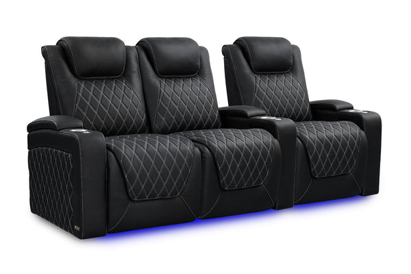 Valencia 2025 New Oslo Ultimate Luxury Leather Home Theater Seating Row of 3 Loveseat Left, Onyx with Silver Stitching
