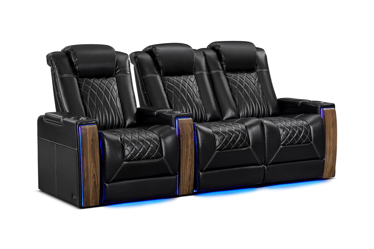 Valencia 2025 New Tuscany Executive Heat & Massage Leather Home Theater Seating Row of 3 Loveseat Right, Midnight Black