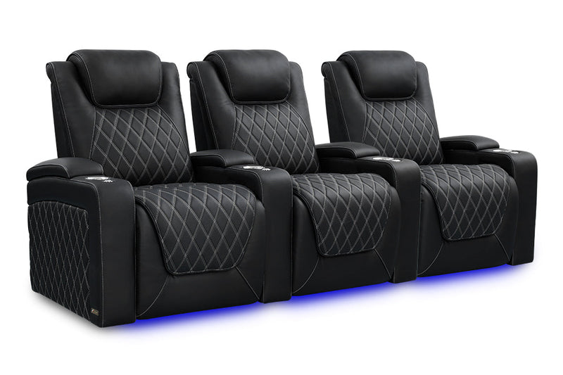 Valencia 2025 New Oslo Ultimate Luxury Leather Home Theater Seating Row of 3, Onyx with Silver Stitching