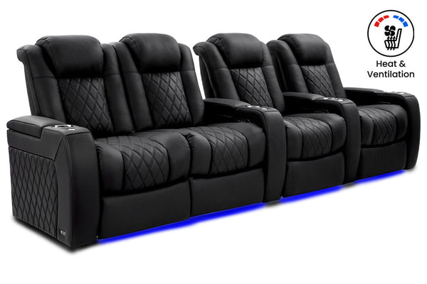Valencia 2025 New Tuscany Ultimate Luxury Heat & Ventilation Leather Home Theater Seating Row of 4 Loveseat Left, Onyx