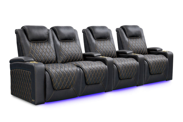 Valencia 2025 New Oslo Ultimate Luxury Leather Home Theater Seating Row of 4 Loveseat Left, Onyx with Gold Stitching