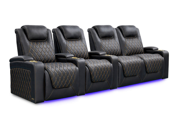 Valencia 2025 New Oslo Ultimate Luxury Leather Home Theater Seating Row of 4 Loveseat Right, Onyx with Gold Stitching