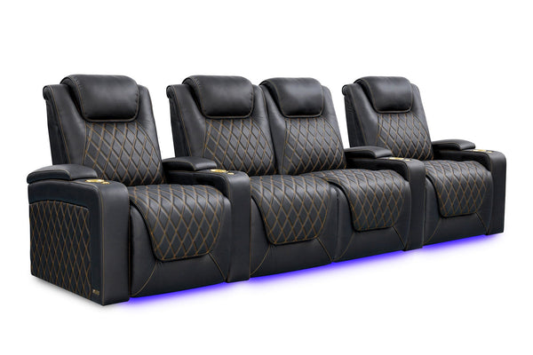 Valencia 2025 New Oslo Ultimate Luxury Leather Home Theater Seating Row of 4 Loveseat Center, Onyx with Gold Stitching