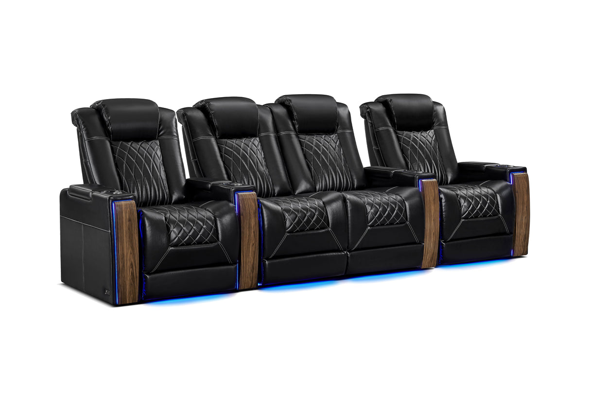 Valencia 2025 New Tuscany Executive Heat & Massage Leather Home Theater Seating Row of 4 Loveseat Center, Midnight Black