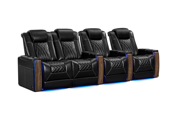 Valencia 2025 New Tuscany Executive Heat & Massage Leather Home Theater Seating Row of 4 Loveseat Left, Midnight Black