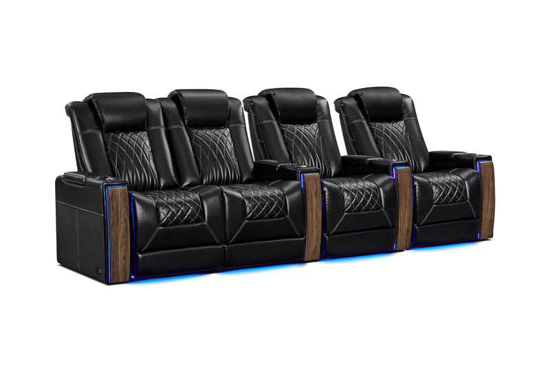 Valencia 2025 New Tuscany Executive Heat & Massage Leather Home Theater Seating Row of 4 Loveseat Left, Midnight Black