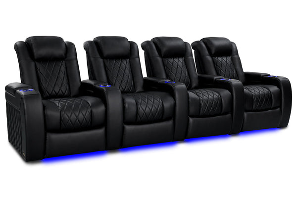 Valencia 2025 New Tuscany Heat & Massage Leather Home Theater Seating Row of 4, Midnight Black