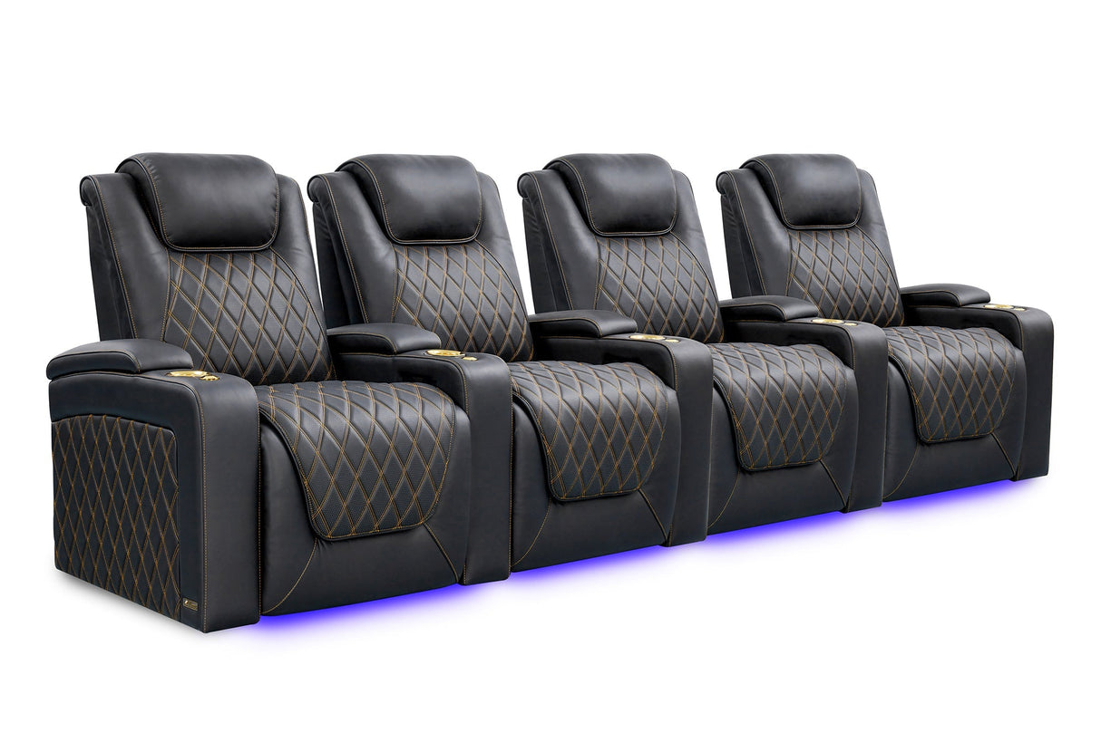Valencia 2025 New Oslo Ultimate Luxury Leather Home Theater Seating Row of 4, Onyx with Gold Stitching