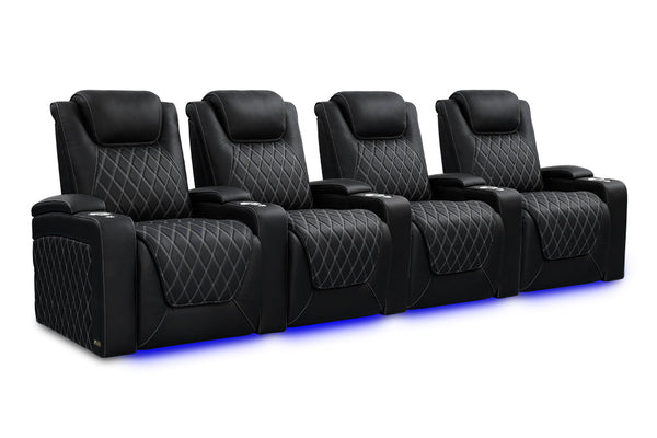 Valencia 2025 New Oslo Ultimate Luxury Leather Home Theater Seating Row of 4, Onyx with Silver Stitching