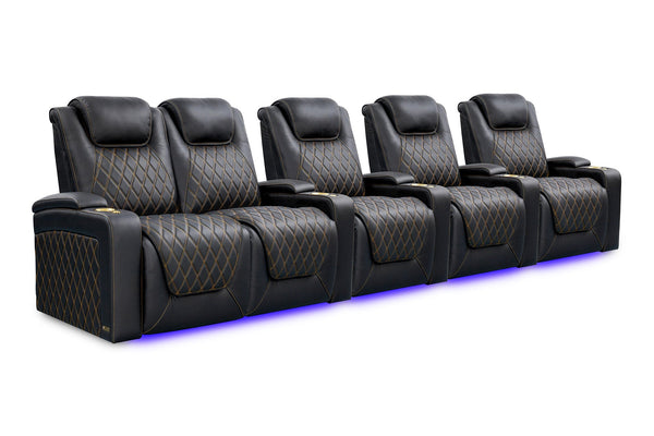 Valencia 2025 New Oslo Ultimate Luxury Leather Home Theater Seating Row of 5 Loveseat Left, Onyx with Gold Stitching