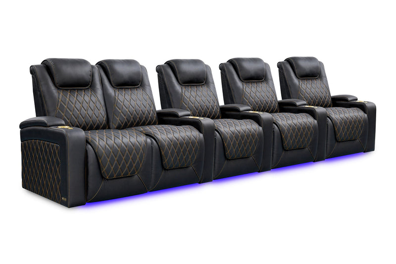 Valencia 2025 New Oslo Ultimate Luxury Leather Home Theater Seating Row of 5 Loveseat Left, Onyx with Gold Stitching