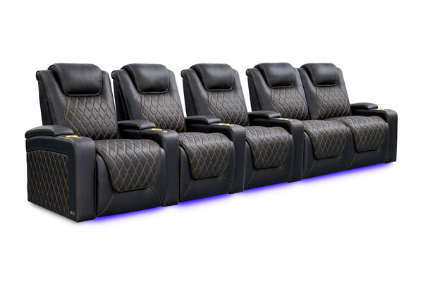 Valencia 2025 New Oslo Ultimate Luxury Leather Home Theater Seating Row of 5 Loveseat Right, Onyx with Gold Stitching