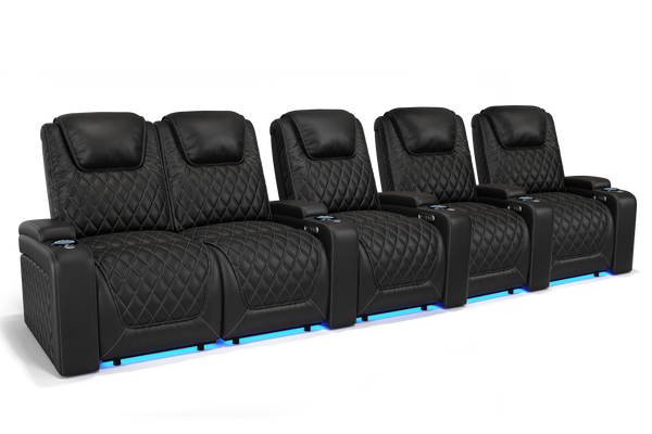Valencia 2025 New Oslo Leather Home Theater Seating Row of 5 Loveseat Left, Midnight Black