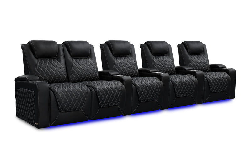 Valencia 2025 New Oslo Ultimate Luxury Leather Home Theater Seating Row of 5 Loveseat Left, Onyx with Silver Stitching