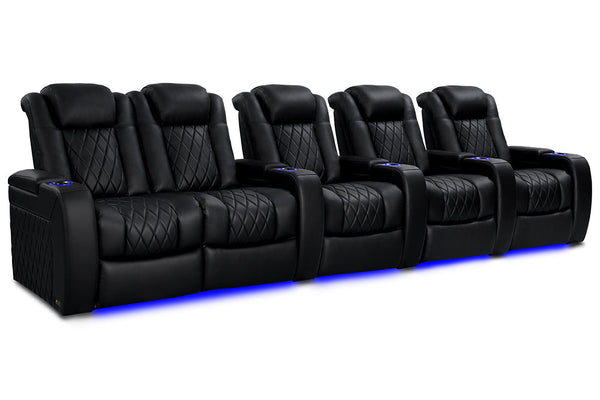 Valencia 2025 New Tuscany Heat & Massage Leather Home Theater Seating Row of 5 Loveseat Left, Midnight Black
