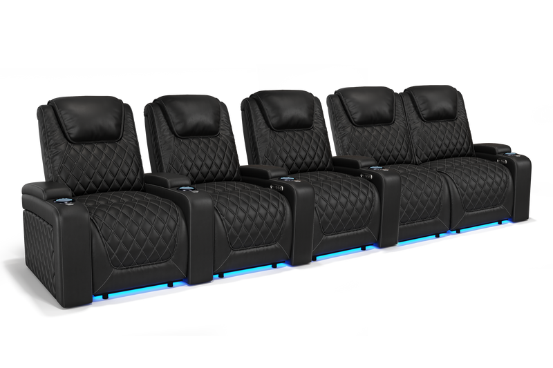 Valencia 2025 New Oslo Leather Home Theater Seating Row of 5 Loveseat Right, Midnight Black