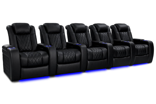 Valencia 2025 New Tuscany Heat & Massage Leather Home Theater Seating Row of 5, Midnight Black