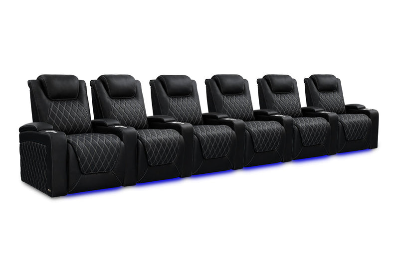 Valencia 2025 New Oslo Ultimate Luxury Leather Home Theater Seating Row of 6, Onyx with Silver Stitching