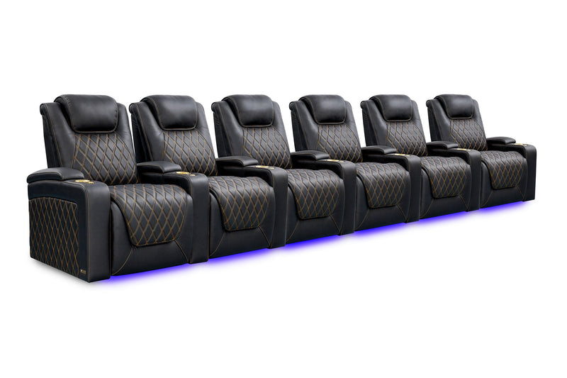 Valencia 2025 New Oslo Ultimate Luxury Leather Home Theater Seating Row of 6, Onyx with Gold Stitching