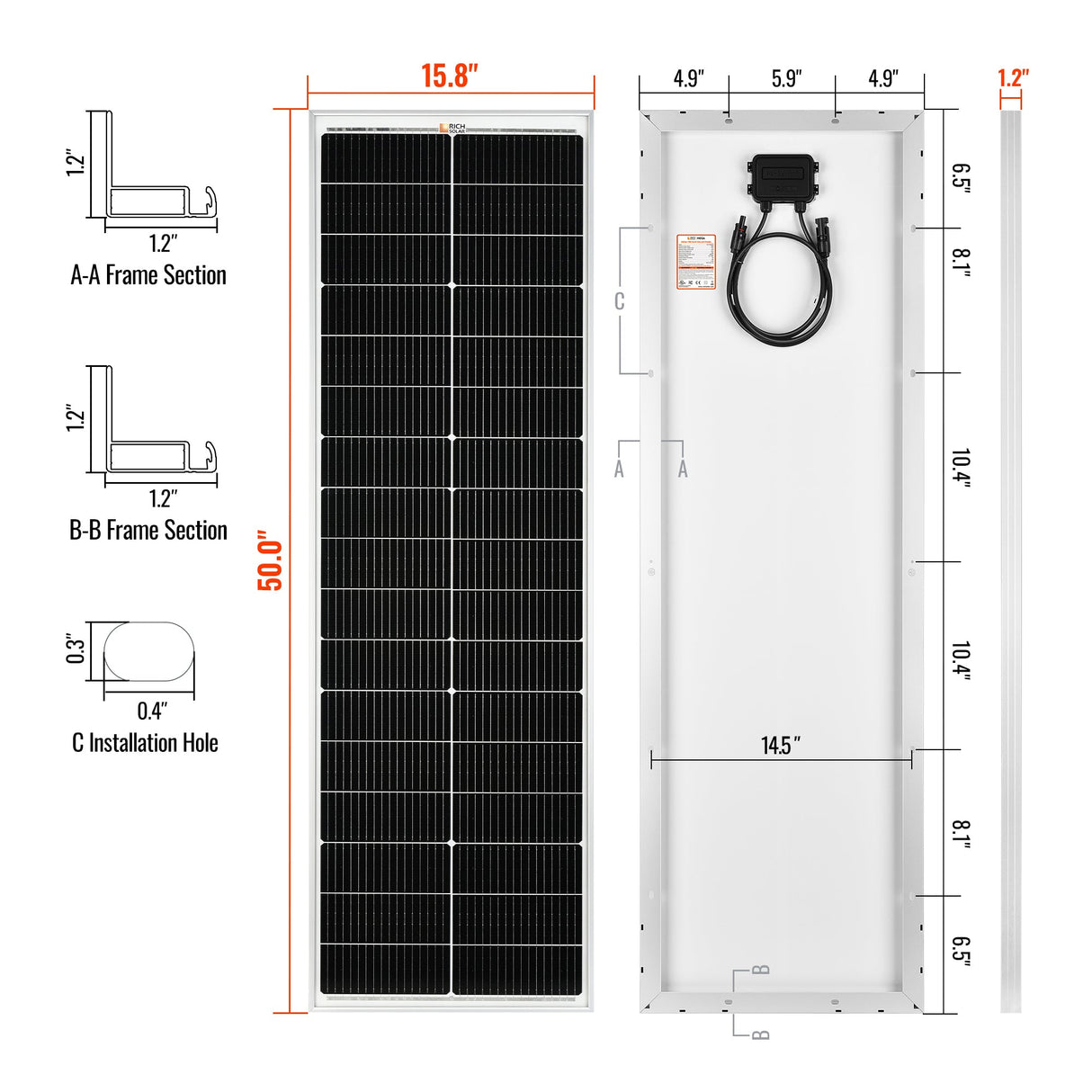 MEGA 100 SLIM | 100 Watt Slim Solar Panel | Compact 12V Off-Grid Narrow Solar Panel for Vans, Overlanders, Boats | 25-Year Output Warranty