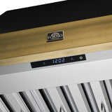 FORNO Vittorio 36" 600 CFM Wall Mount Range Hood in Black and Antique Brass Trim with Remote Control, FRHWM5078-36BLK