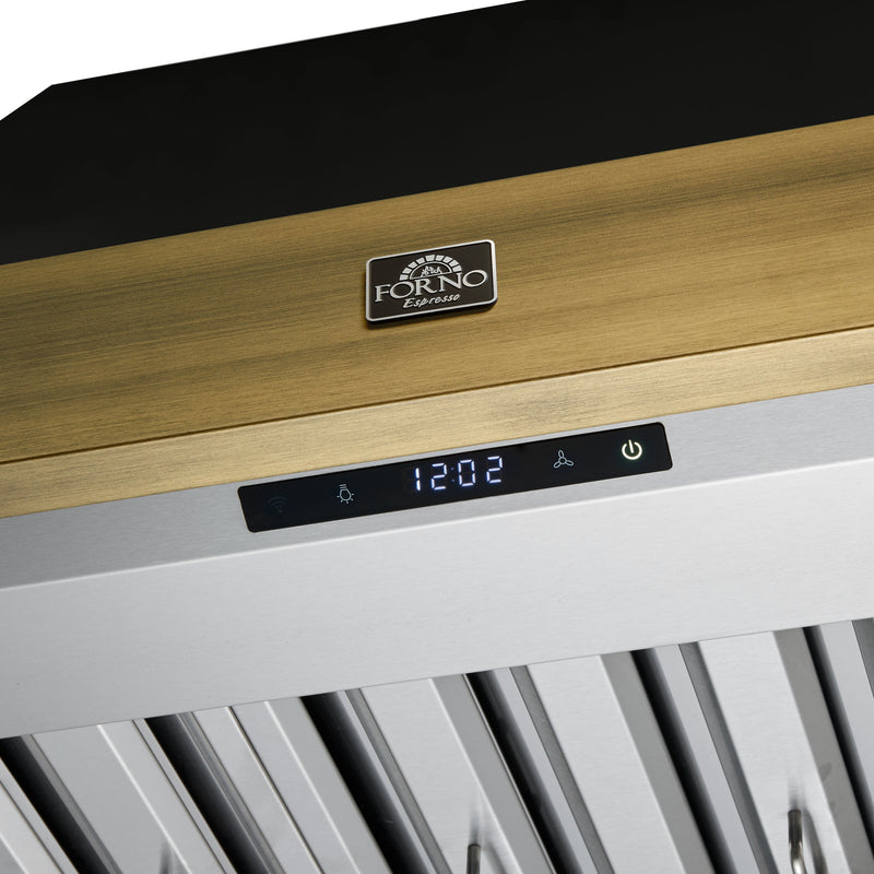 FORNO Vittorio 36" 600 CFM Wall Mount Range Hood in Black and Antique Brass Trim with Remote Control, FRHWM5078-36BLK