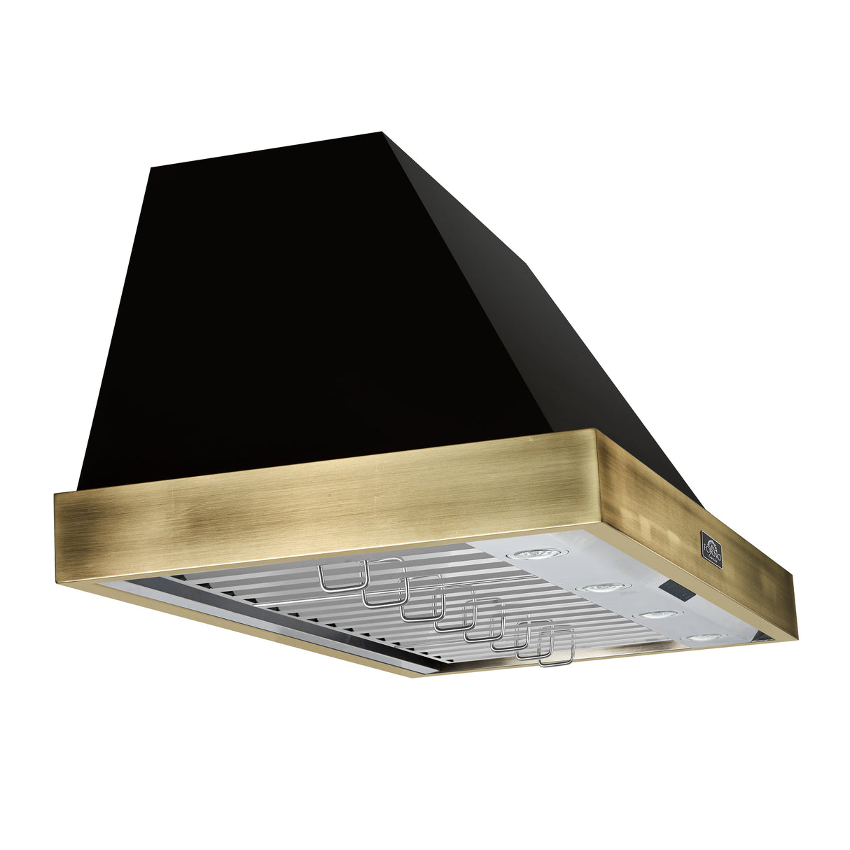 FORNO Vittorio 48" 600 CFM Wall Mount Range Hood in Black and Antique Brass Trim with Remote Control, FRHWM5078-48BLK