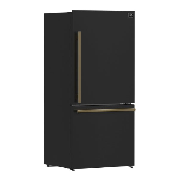 FORNO Espresso Milano 31" 17.2 cu. ft. Right Swing Refrigerator and Bottom Freezer in Black with Antique Brass Handles, FFFFD1785-31BLK