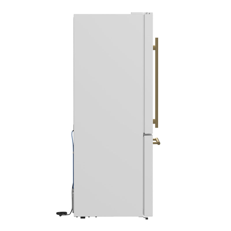 FORNO Espresso Milano 31" 17.2 cu. ft. Left Swing Refrigerator and Bottom Freezer with Ice Maker in White and Antique Brass Handles, FFFFD1786-31WHT