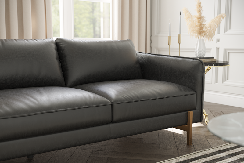 Valencia Gabriele Leather Three Seats Sofa with Brass Finished Legs, Black Color