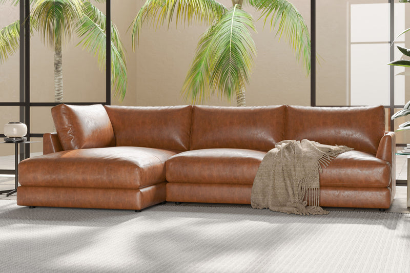 Valencia Serena Leather Three Seats with Left Chaise Sectional Sofa, Cognac