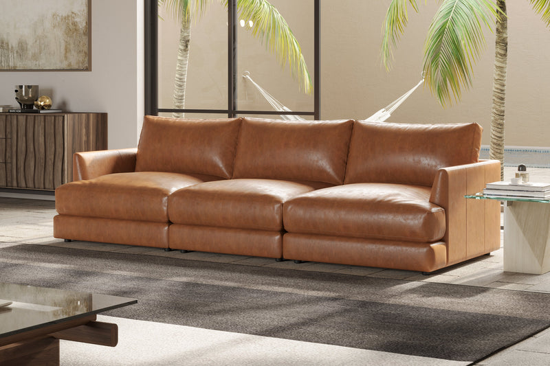 Valencia Serena Leather Three Seats Sectional Sofa, Cognac