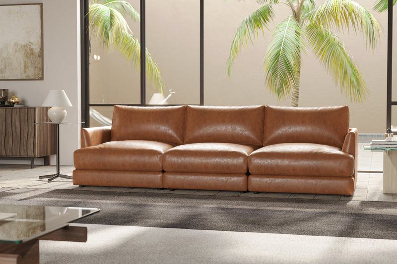 Valencia Serena Leather Three Seats Sectional Sofa, Cognac