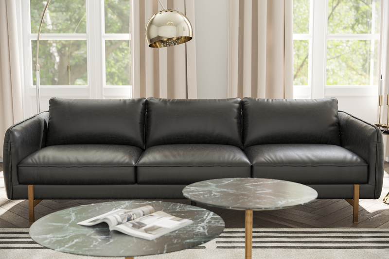 Valencia Gabriele Leather Three Seats Sofa with Brass Finished Legs, Black Color