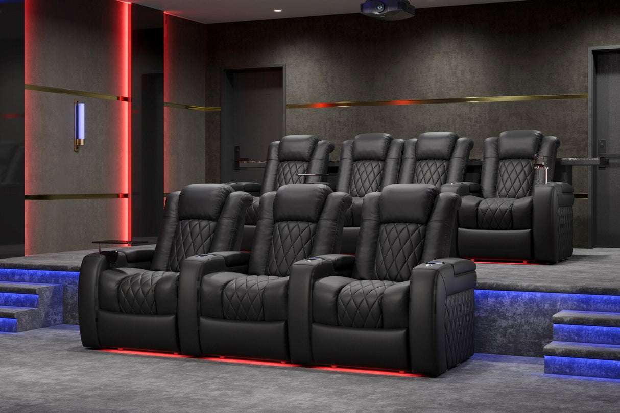 Valencia 2025 New Tuscany Leather Home Theater Seating Row of 4 Loveseat Left, Midnight Black