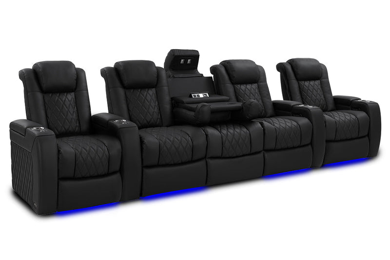 Valencia Tuscany Luxury Console Leather Home Theater Seating Row of 5 Dropdown Center, Onyx