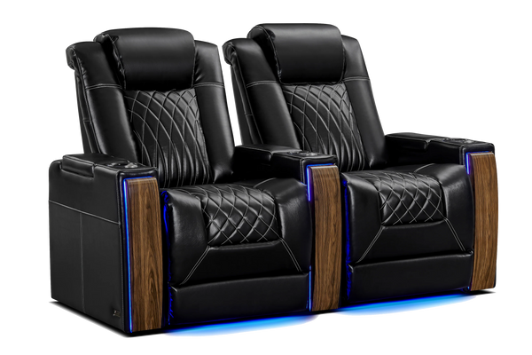 Valencia 2025 New Tuscany Executive Heat & Massage Leather Home Theater Seating Row of 2, Midnight Black