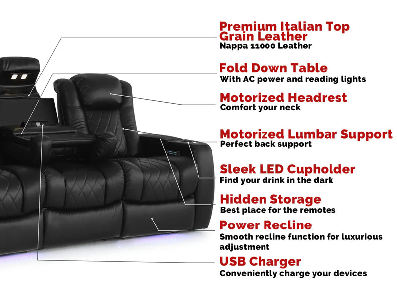 Valencia 2025 New Tuscany Console Leather Home Theater Seating Row of 5 Dropdown Center, Dark Chocolate
