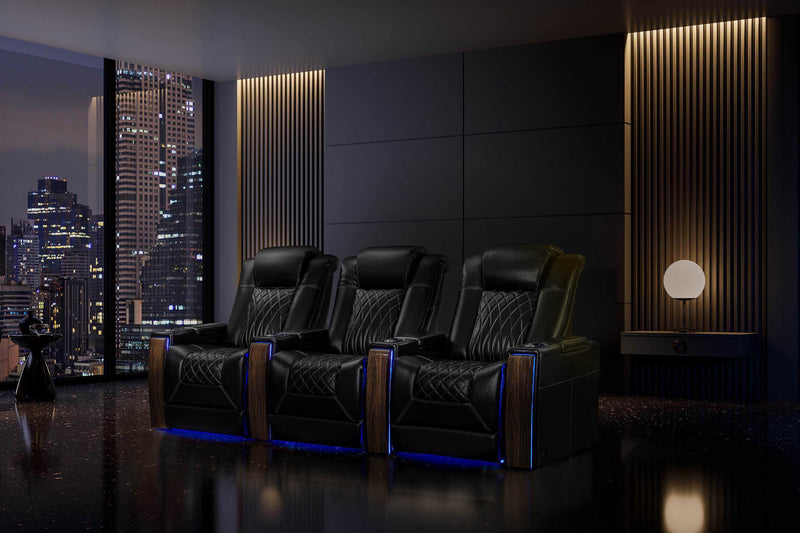 Valencia 2025 New Tuscany Executive Heat & Massage Leather Home Theater Seating Row of 2 Loveseat, Midnight Black