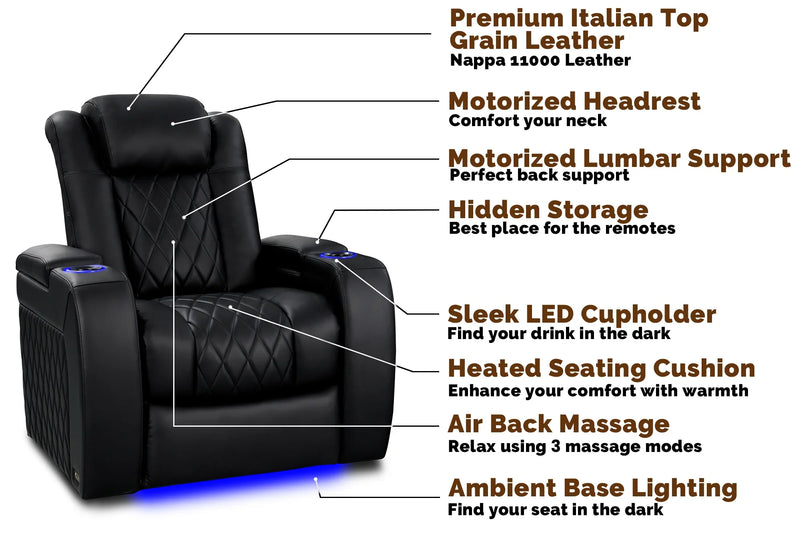 Valencia 2025 New Tuscany Heat & Massage Leather Home Theater Seating Row of 3 Loveseat Right, Midnight Black