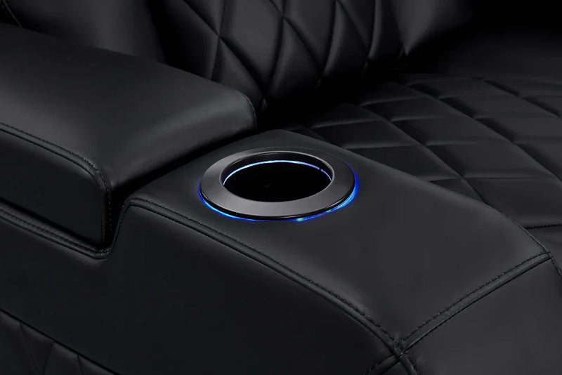 Valencia 2025 New Tuscany Heat & Massage Leather Home Theater Seating Row of 2 Loveseat, Midnight Black